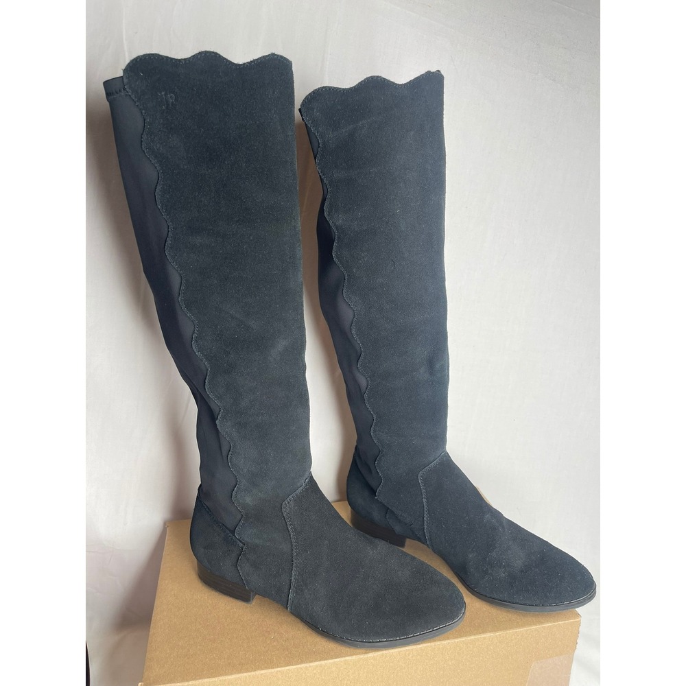 Jack Rogers Black Suede Scalloped Tall Boots Stretch Back Round Toe‎ 6.5M